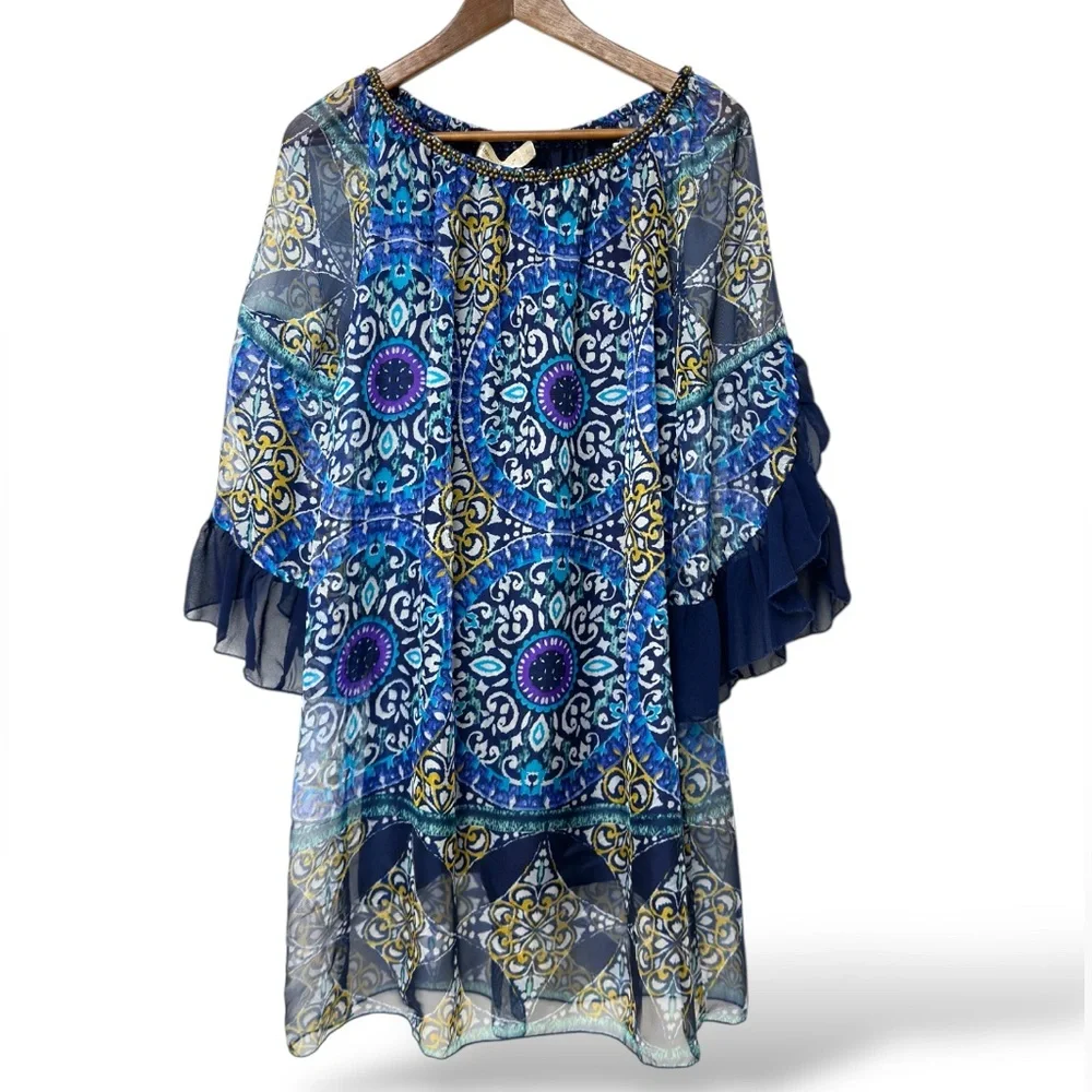 Urban Mangoz Blue Women’s‎ size L Bohemian Patterned Tunic Dress (D11)